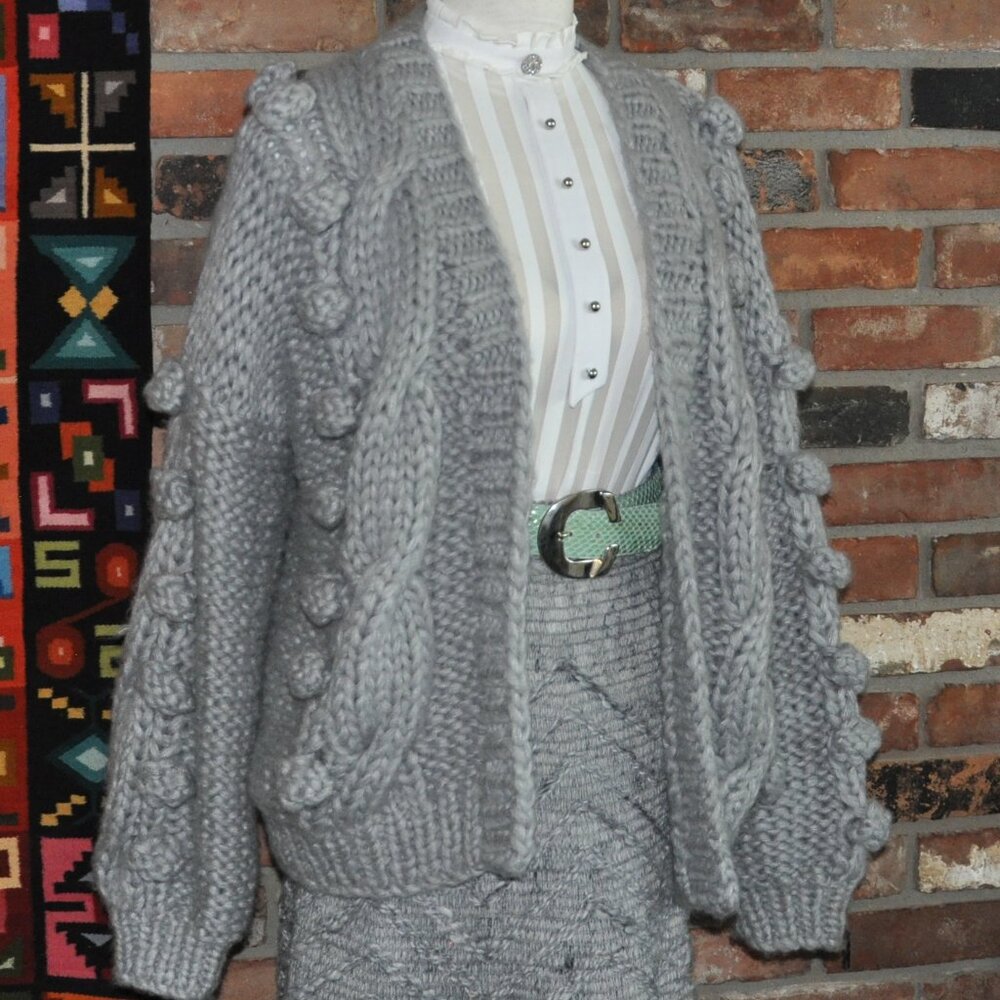 Goodnight Macaroon Grey Open Sweater Pom Pom Chunky Knit Cardigan Wool Blend OS